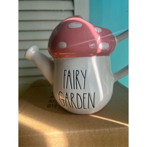 Rae Dunn Fairy Garden Ceramic Watering Can Planter Holder Pink Mushroom NIB - Picture 2 of 4